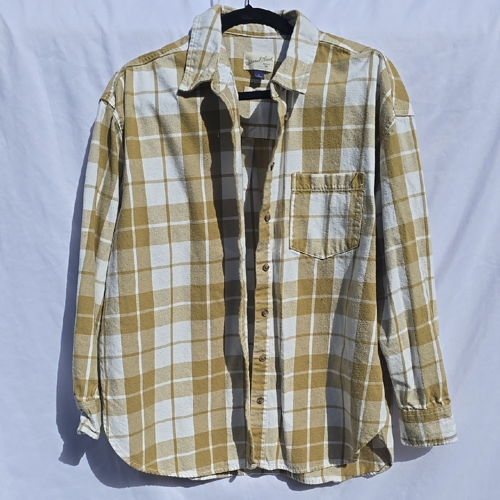 Mens Universal Thread Casual White Tan Long Sleeve Button Down Shirt Size Large